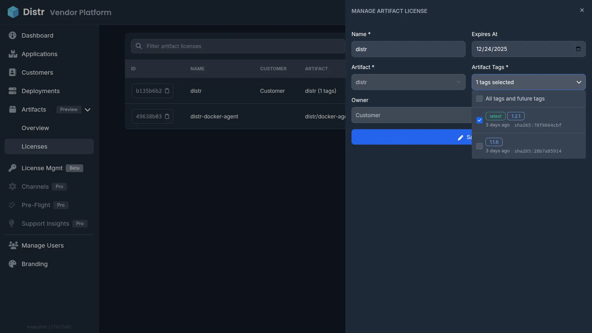 Distr Artifact Licenses allow software vendors to restrict specific tags per customer