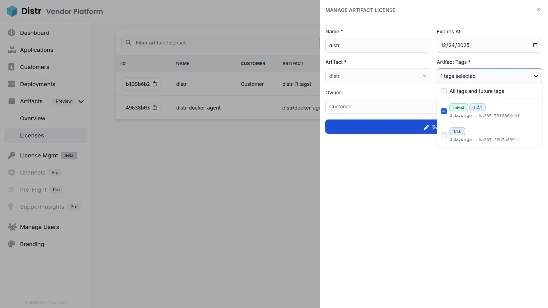 Distr Artifact Licenses allow software vendors to restrict specific tags per customer